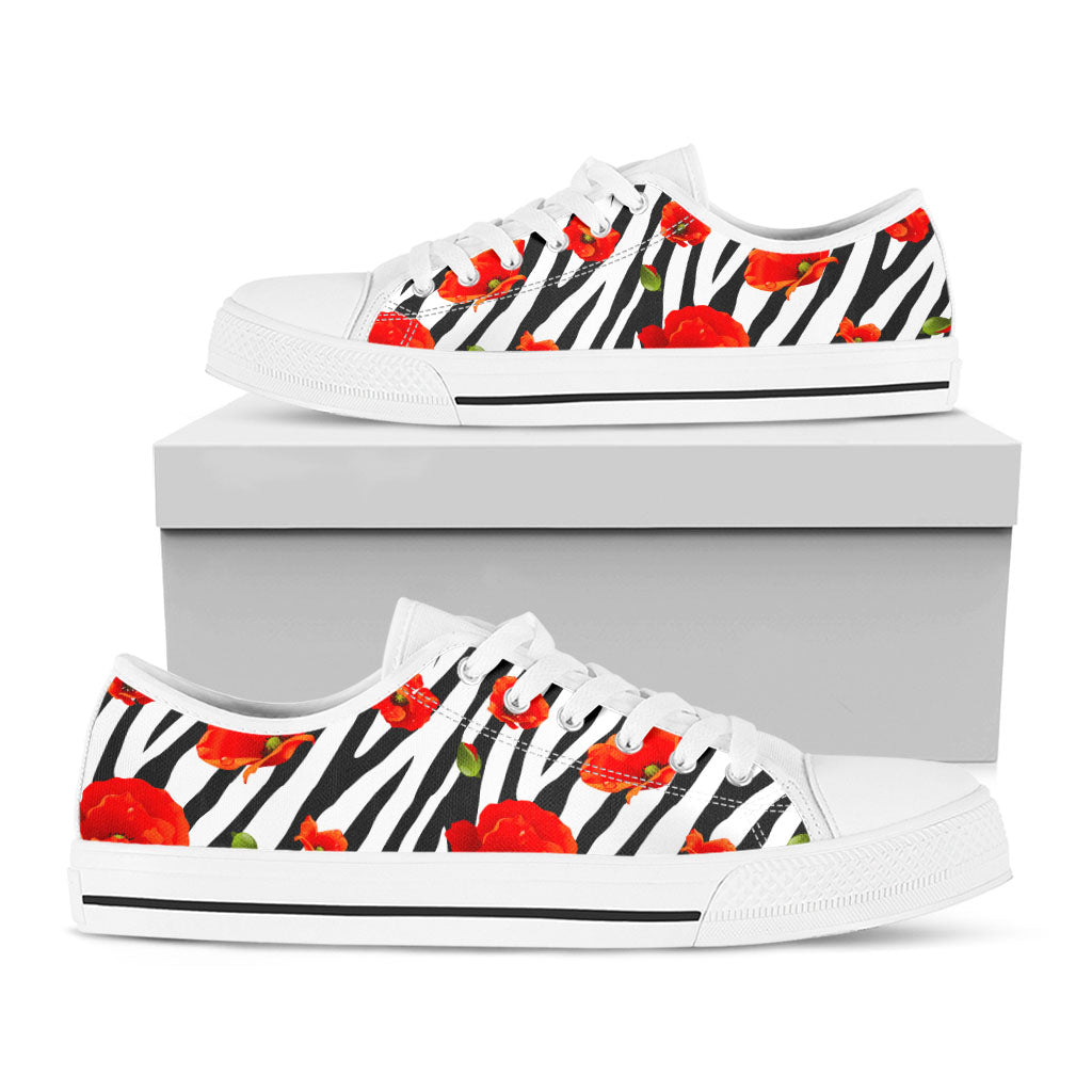 Black White Zebra Flower Pattern Print White Low Top Sneakers