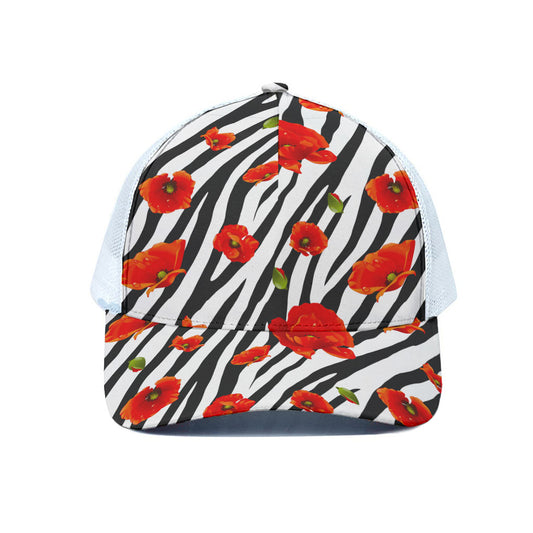 Black White Zebra Flower Pattern Print White Mesh Trucker Cap