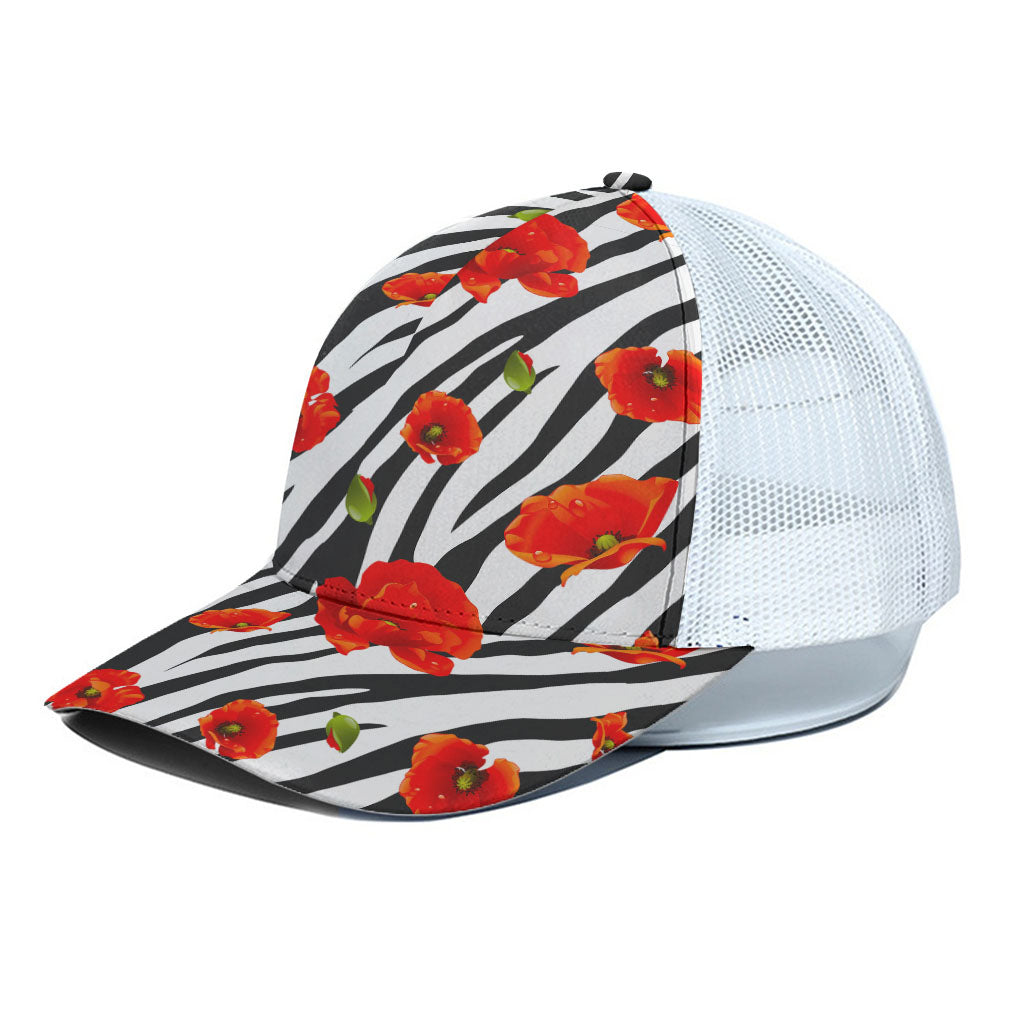 Black White Zebra Flower Pattern Print White Mesh Trucker Cap