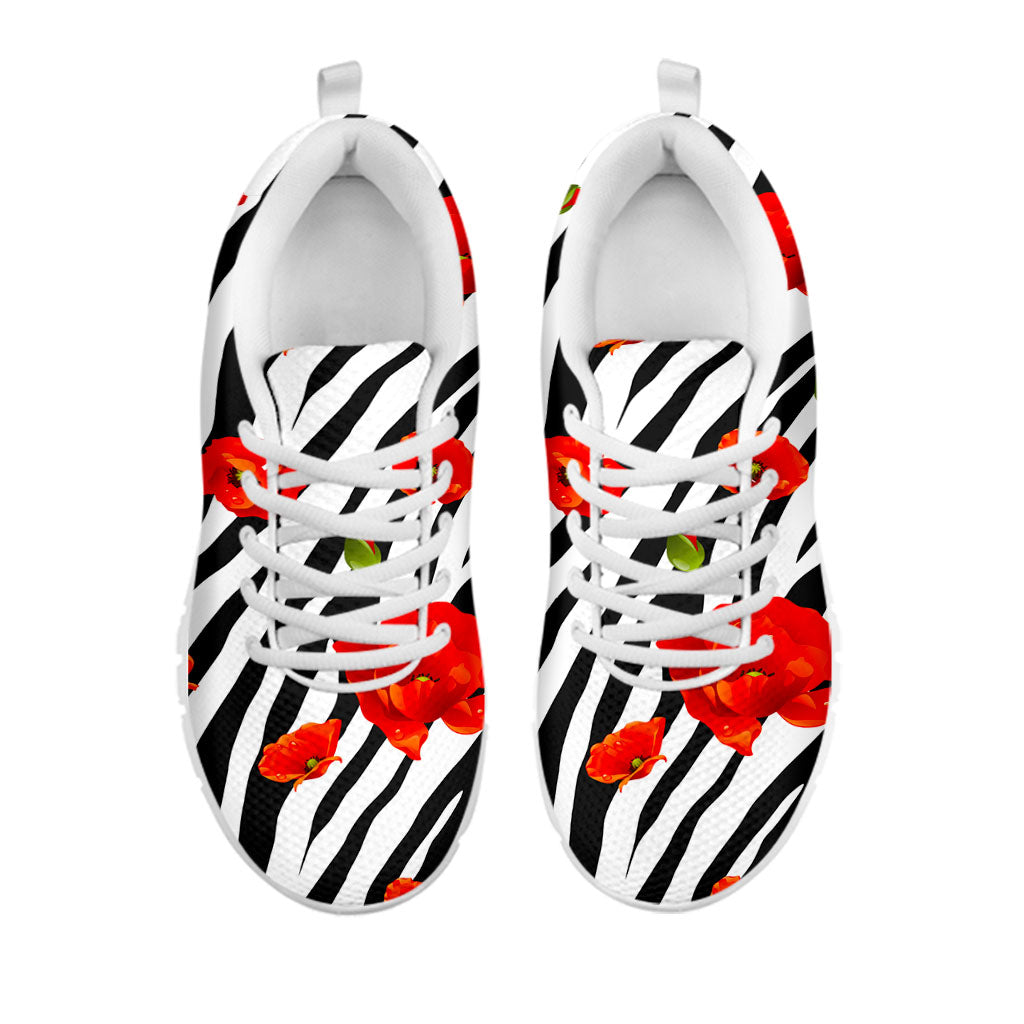 Black White Zebra Flower Pattern Print White Running Shoes