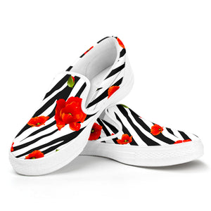 Black White Zebra Flower Pattern Print White Slip On Sneakers