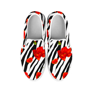 Black White Zebra Flower Pattern Print White Slip On Sneakers