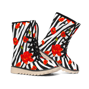 Black White Zebra Flower Pattern Print Winter Boots