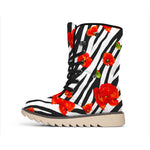 Black White Zebra Flower Pattern Print Winter Boots