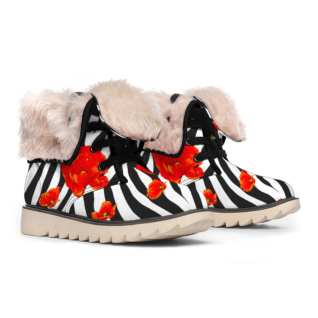 Black White Zebra Flower Pattern Print Winter Boots