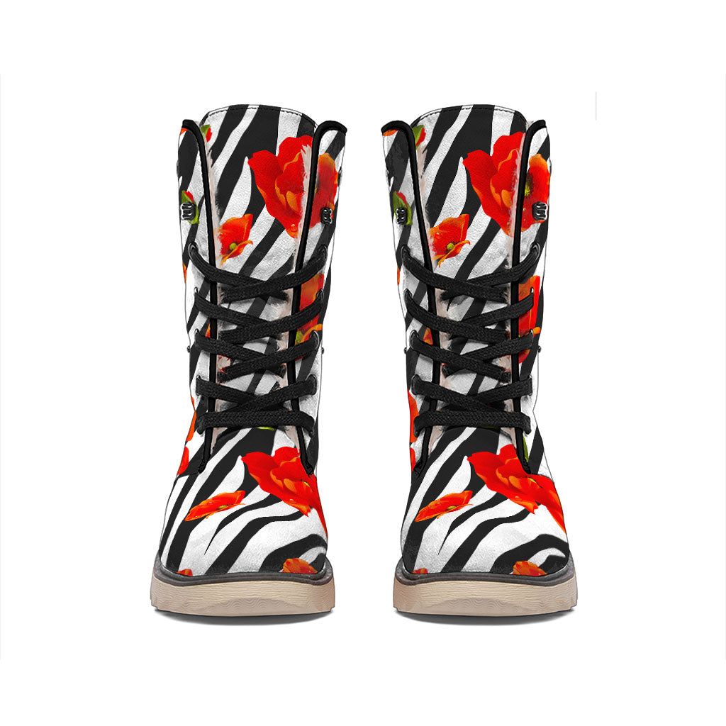 Black White Zebra Flower Pattern Print Winter Boots