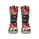 Black White Zebra Flower Pattern Print Winter Boots