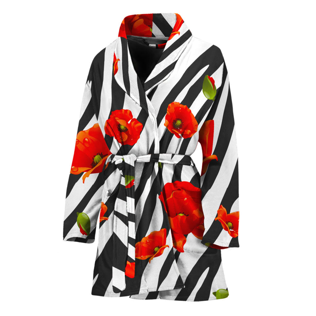 Black White Zebra Flower Pattern Print Women's Bathrobe