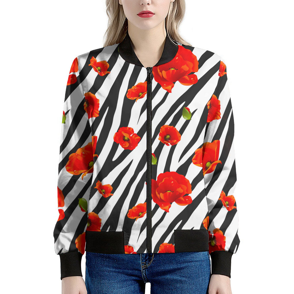 Black White Zebra Flower Pattern Print Women's Bomber Jacket