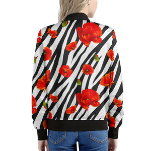 Black White Zebra Flower Pattern Print Women's Bomber Jacket