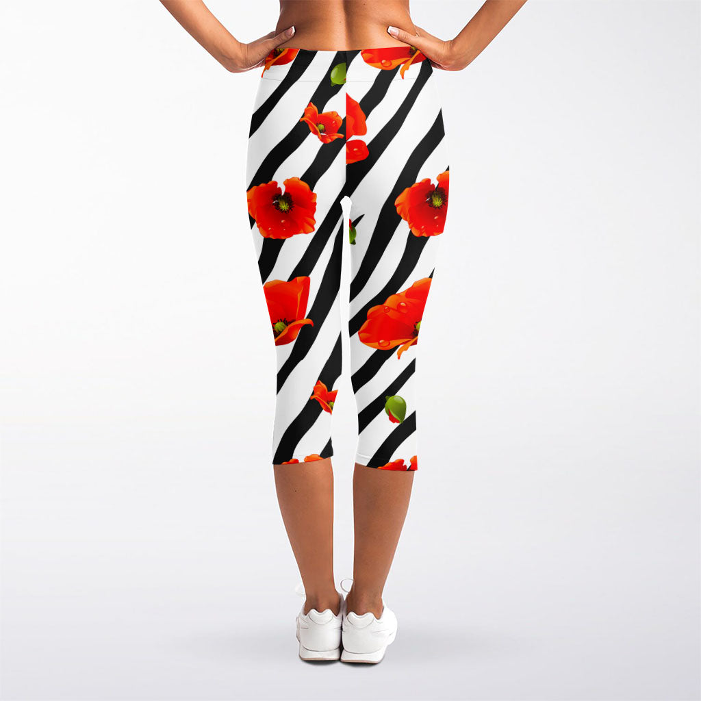 Black White Zebra Flower Pattern Print Women's Capri Leggings