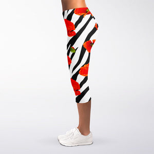 Black White Zebra Flower Pattern Print Women's Capri Leggings