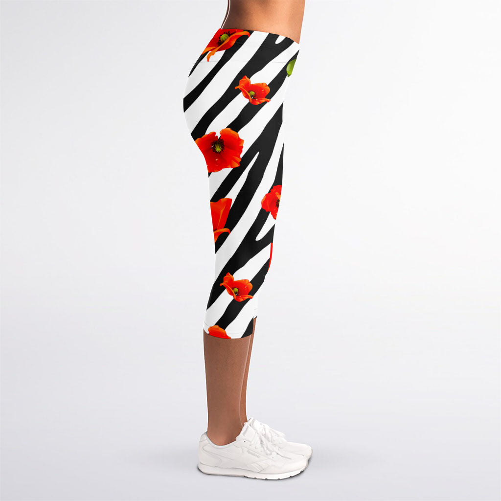 Black White Zebra Flower Pattern Print Women's Capri Leggings