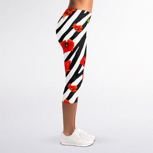 Black White Zebra Flower Pattern Print Women's Capri Leggings