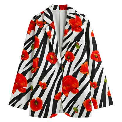 Black White Zebra Flower Pattern Print Women's Cotton Blazer