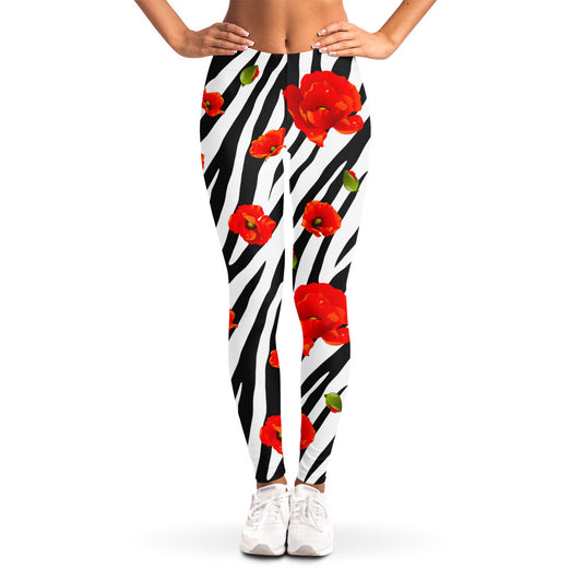 Black White Zebra Flower Pattern Print Women's Leggings