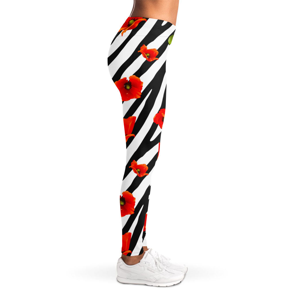 Black White Zebra Flower Pattern Print Women's Leggings