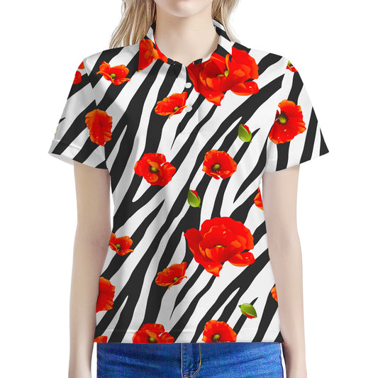 Black White Zebra Flower Pattern Print Women's Polo Shirt