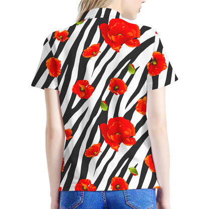 Black White Zebra Flower Pattern Print Women's Polo Shirt