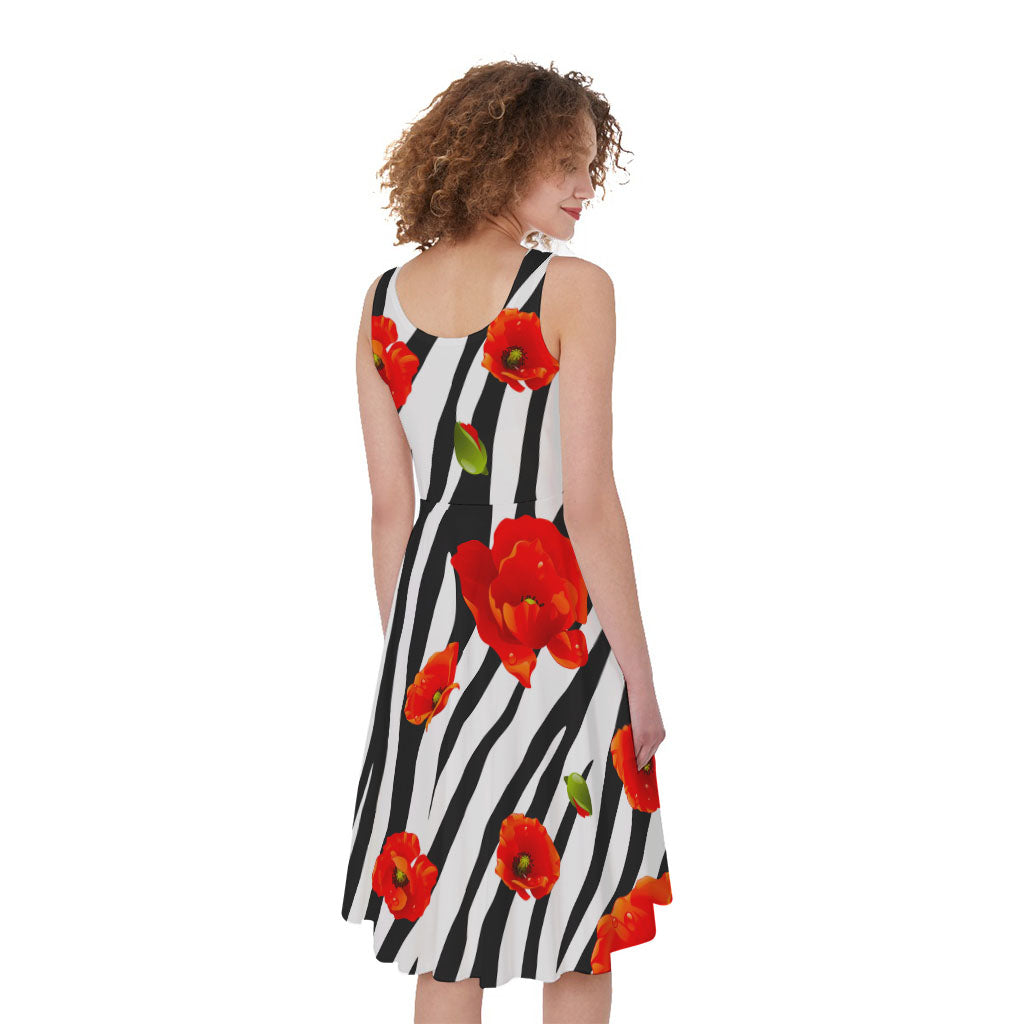 Black White Zebra Flower Pattern Print Women's Sleeveless Dress