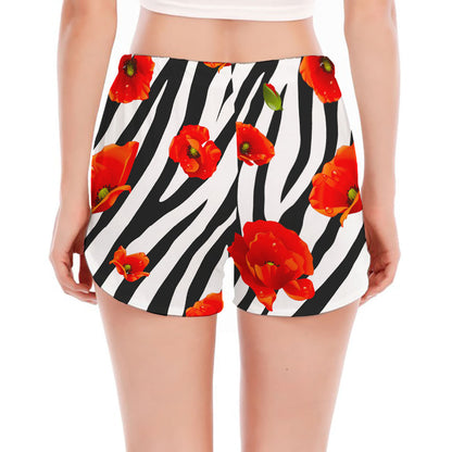 Black White Zebra Flower Pattern Print Women's Split Running Shorts