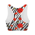 Black White Zebra Flower Pattern Print Women's Sports Bra