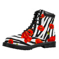 Black White Zebra Flower Pattern Print Padded Collar Lace Up Boots