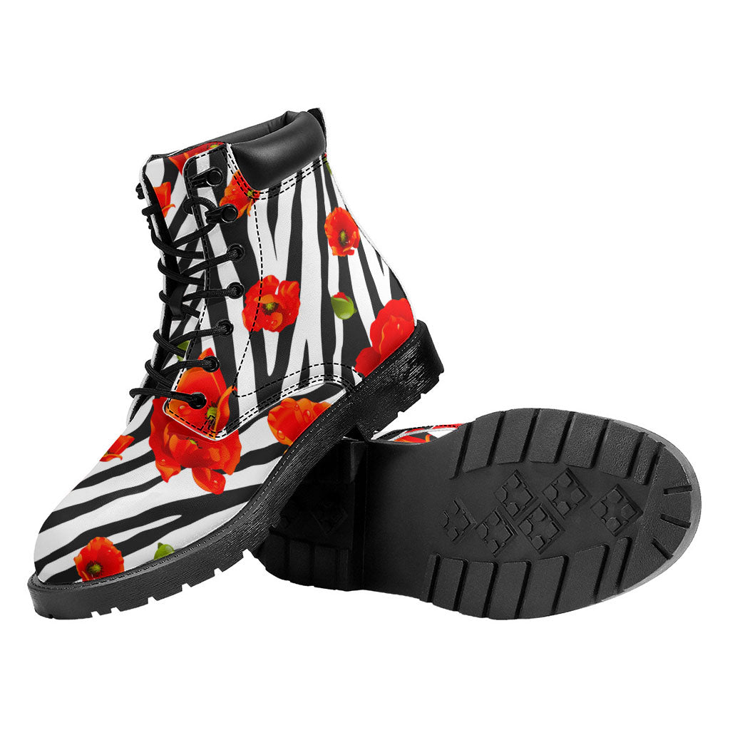 Black White Zebra Flower Pattern Print Work Boots