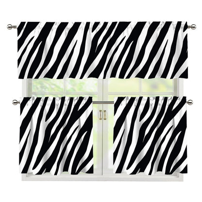 Black White Zebra Pattern Print 3 Piece Kitchen Curtains