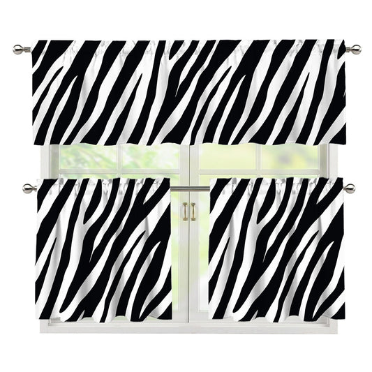 Black White Zebra Pattern Print 3 Piece Kitchen Curtains