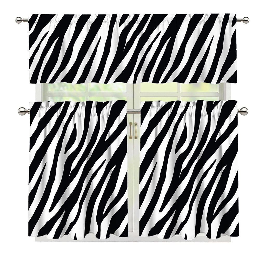 Black White Zebra Pattern Print 3 Piece Kitchen Curtains