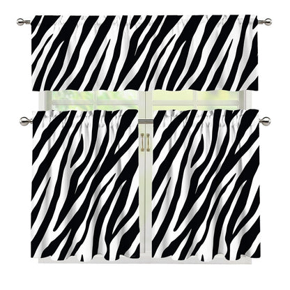 Black White Zebra Pattern Print 3 Piece Kitchen Curtains