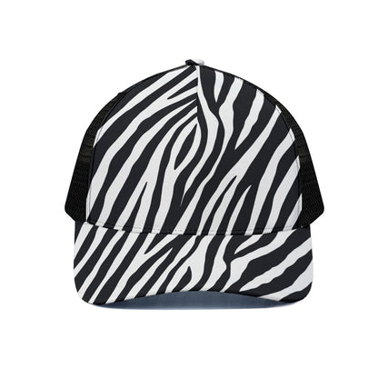 Black White Zebra Pattern Print Black Mesh Trucker Cap