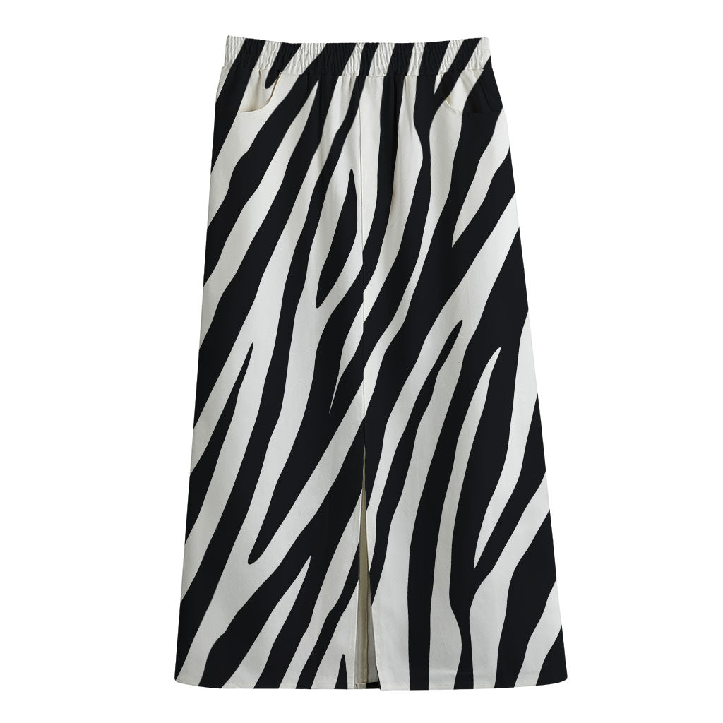 Black White Zebra Pattern Print Cotton Front Slit Maxi Skirt