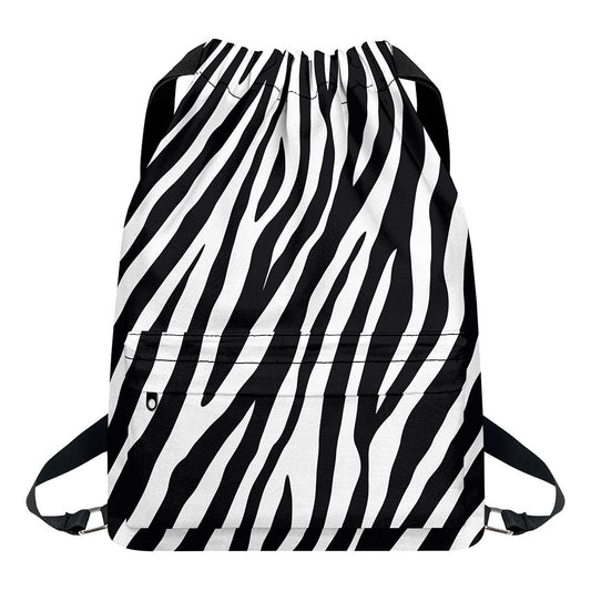 Black White Zebra Pattern Print Drawstring Backpack