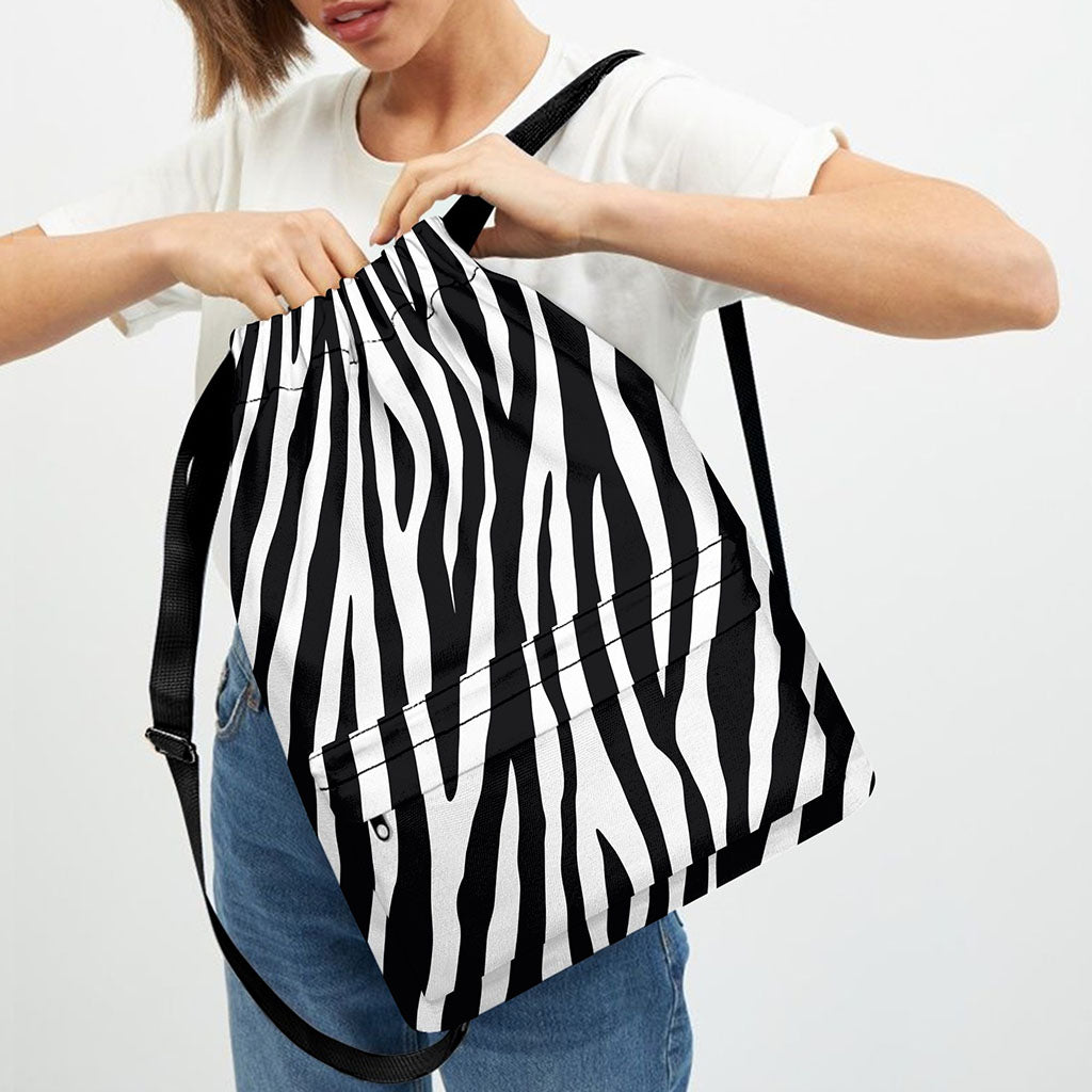 Black White Zebra Pattern Print Drawstring Backpack