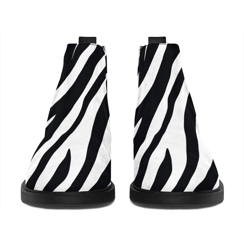 Black White Zebra Pattern Print Flat Ankle Boots