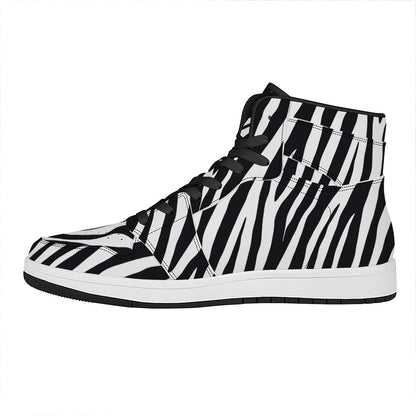 Black White Zebra Pattern Print High Top Leather Sneakers