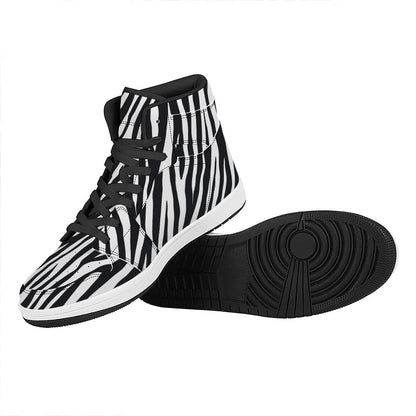 Black White Zebra Pattern Print High Top Leather Sneakers