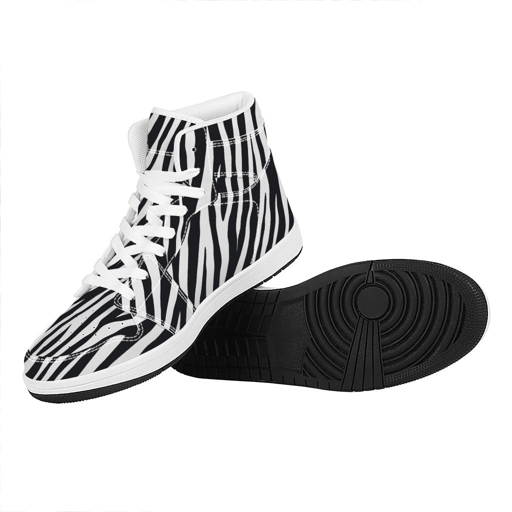Black White Zebra Pattern Print High Top Leather Sneakers