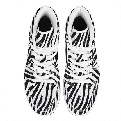 Black White Zebra Pattern Print High Top Leather Sneakers