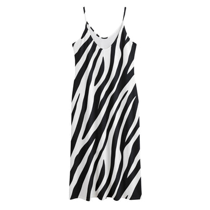 Black White Zebra Pattern Print Jersey Midi Cami Dress