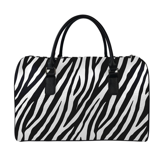 Black White Zebra Pattern Print Leather Duffle Bag