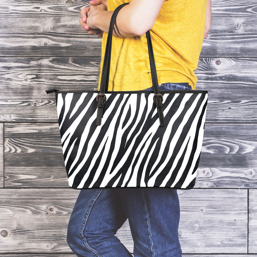 Black White Zebra Pattern Print Leather Tote Bag
