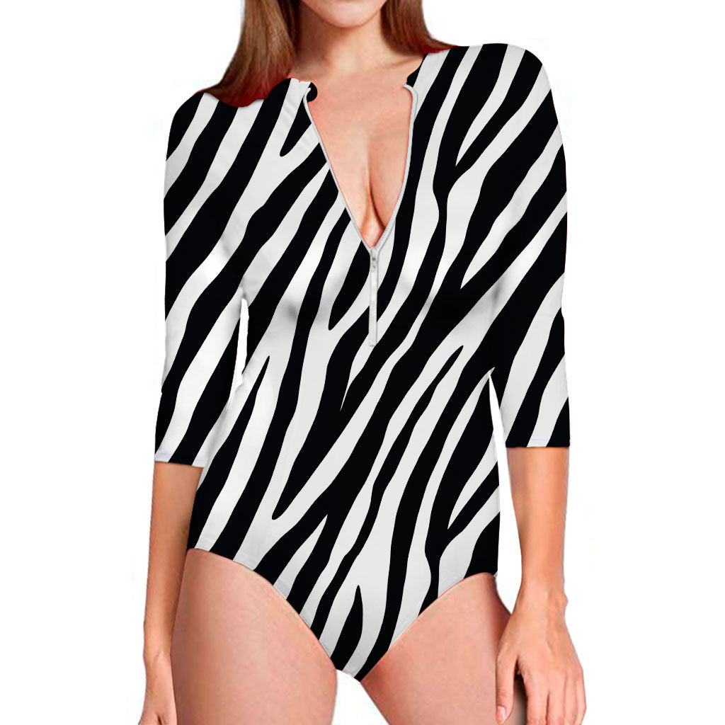 Black White Zebra Pattern Print Long Sleeve Swimsuit