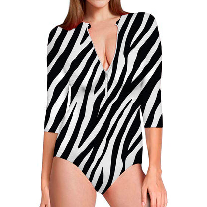 Black White Zebra Pattern Print Long Sleeve Swimsuit