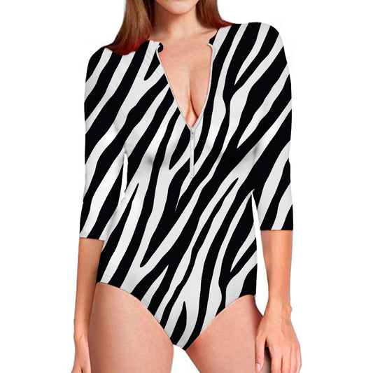 Black White Zebra Pattern Print Long Sleeve Swimsuit