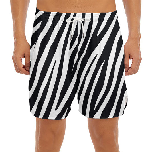 Black White Zebra Pattern Print Men's Split Running Shorts