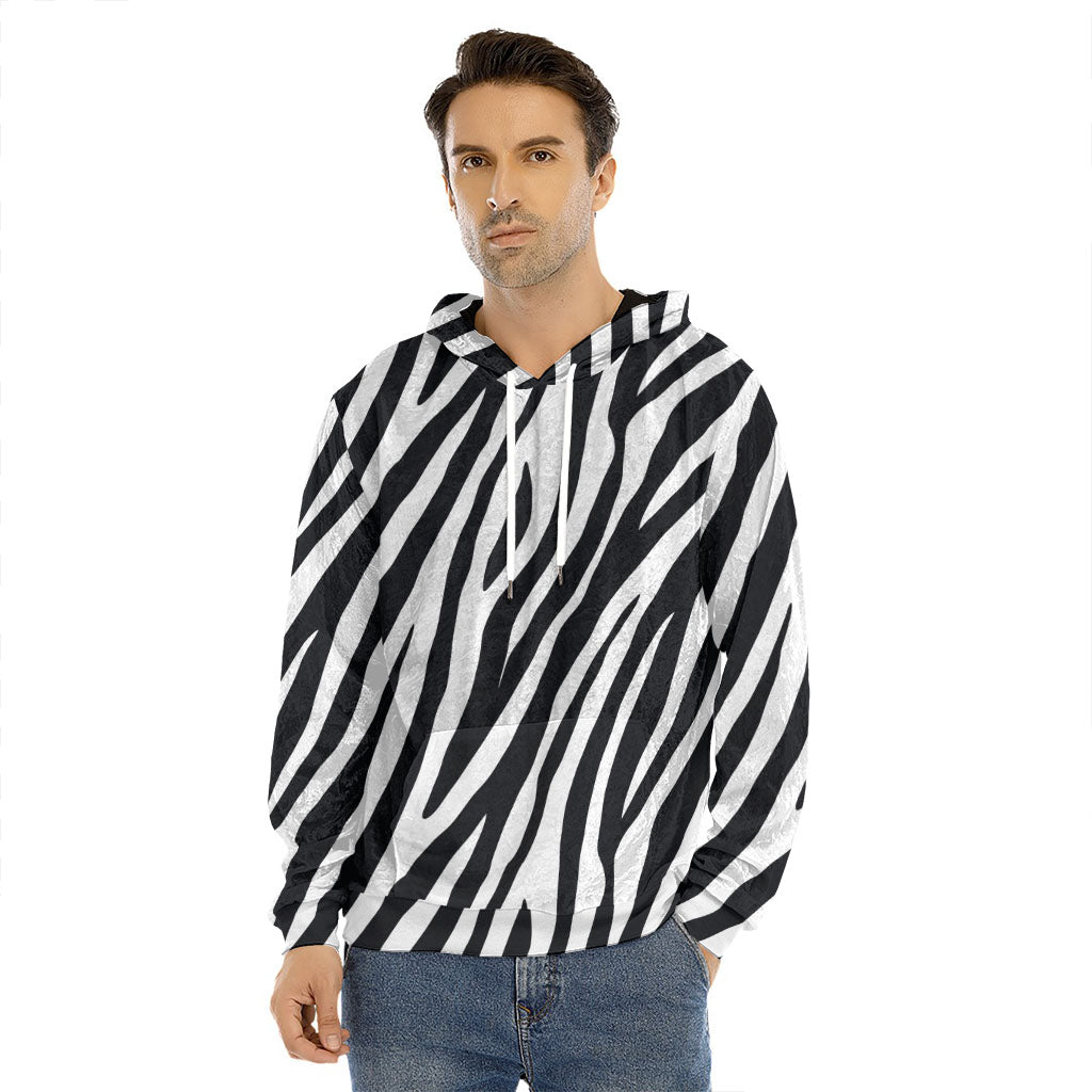 Black White Zebra Pattern Print Men's Velvet Pullover Hoodie