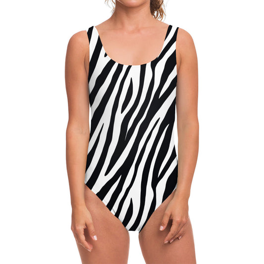 Black White Zebra Pattern Print One Piece Swimsuit
